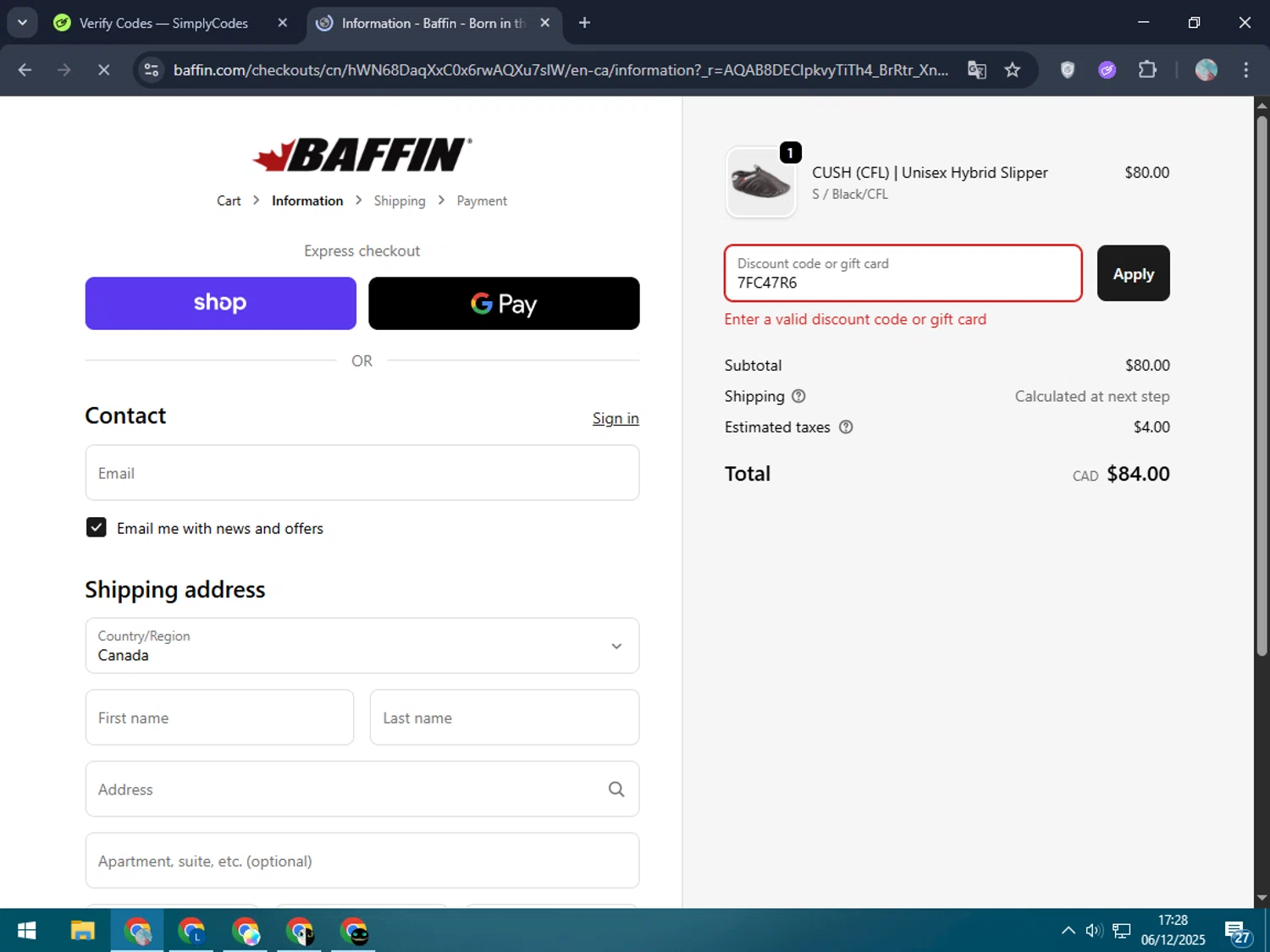 Baffin discount code screenshot showing code 7FC47R6 applied at Baffin checkout page. Uploaded by SimplyCodes community member LegendaryPro7106 on Dec 6, 2025