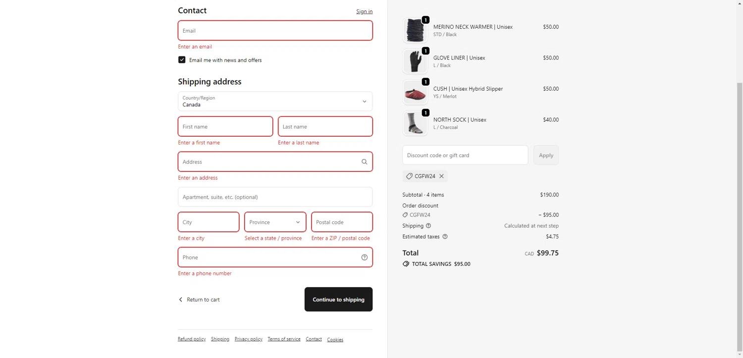 Baffin checkout page showing Baffin discount code box | Screenshot taken by SimplyCodes community member on Jan 13, 2026