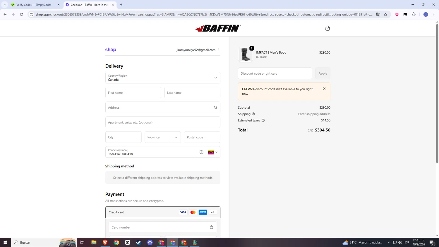 Baffin checkout page showing Baffin discount code box | Screenshot taken by SimplyCodes community member on Feb 19, 2026