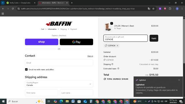Baffin checkout page showing Baffin discount code box | Screenshot taken by SimplyCodes community member on Sep 29, 2025