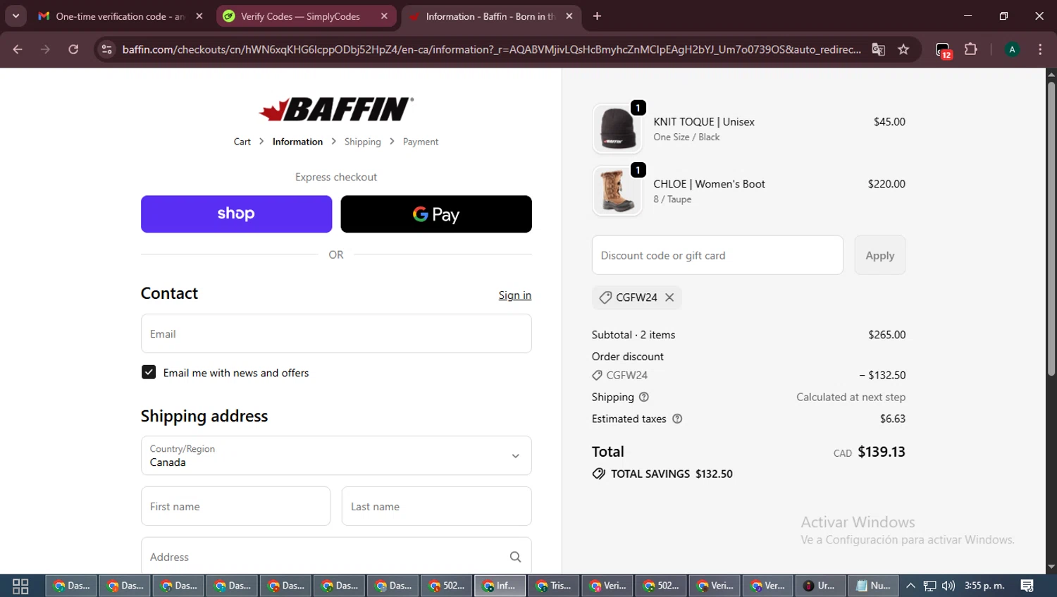 Baffin discount code screenshot showing code CGFW24 applied at Baffin checkout page. Uploaded by SimplyCodes community member LegendaryFalcon6699 on Dec 28, 2025
