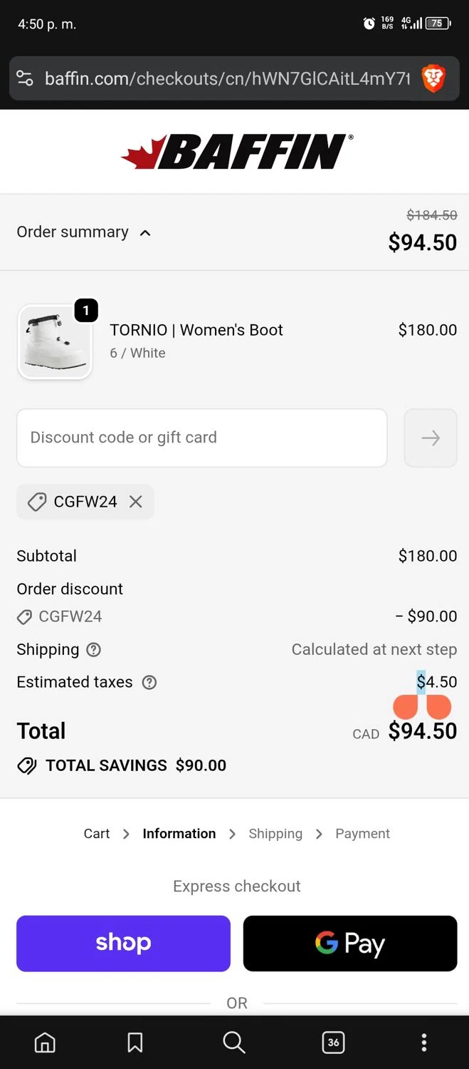 Baffin checkout page showing Baffin discount code box | Screenshot taken by SimplyCodes community member on Jan 5, 2026