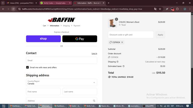 Baffin checkout page showing Baffin discount code box | Screenshot taken by SimplyCodes community member on Sep 4, 2025