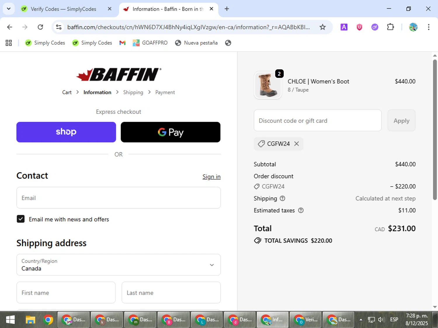 Baffin discount code screenshot showing code CGFW24 applied at Baffin checkout page. Uploaded by SimplyCodes community member ShrewdSpotter4101 on Dec 8, 2025