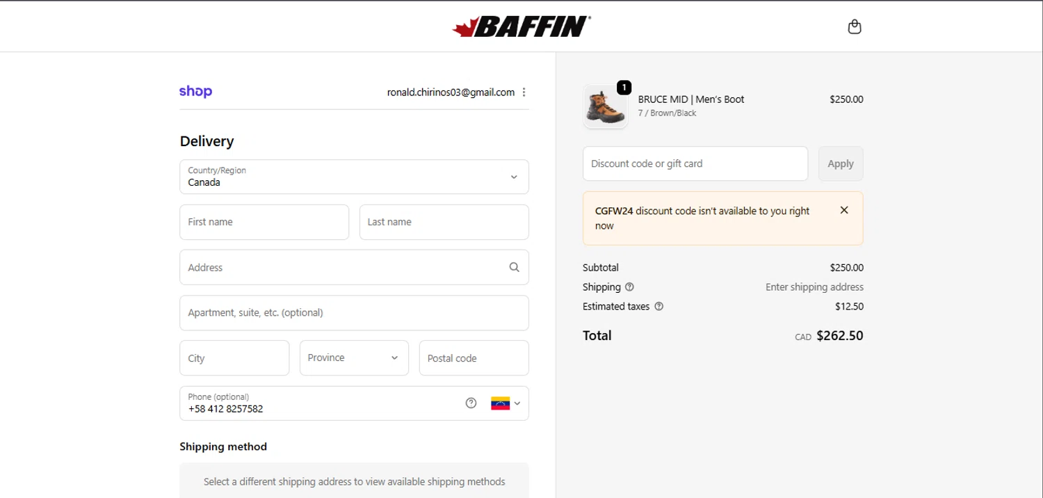 Baffin checkout page showing Baffin discount code box | Screenshot taken by SimplyCodes community member on Feb 7, 2026