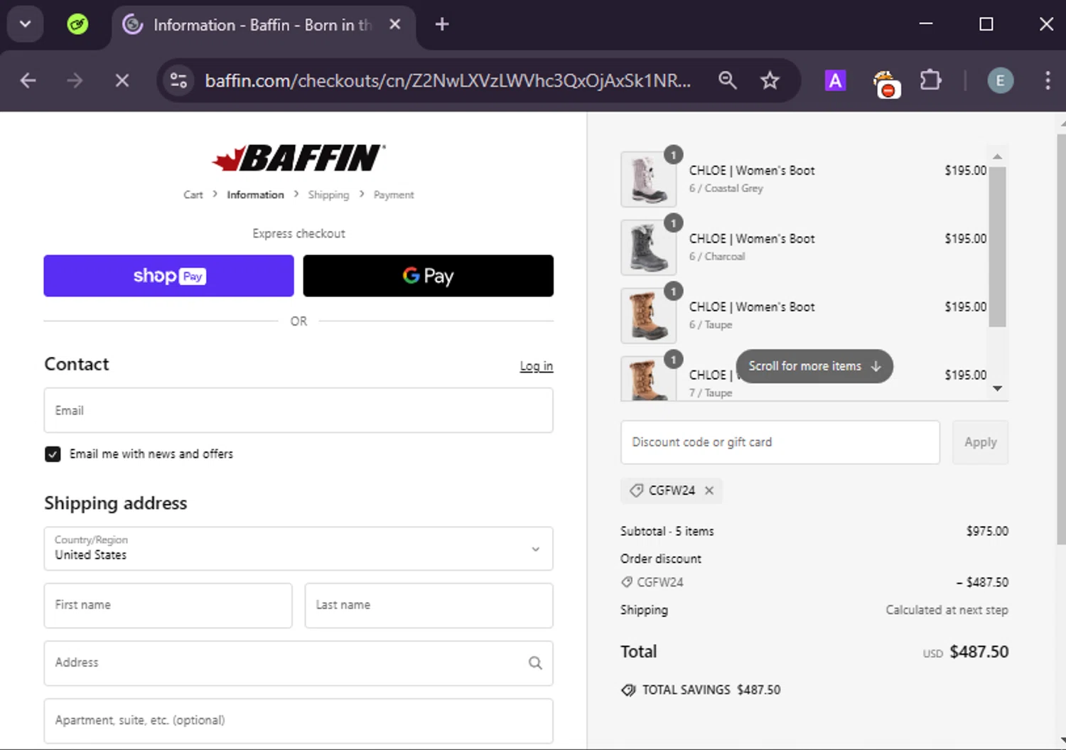 Baffin discount code screenshot showing code CGFW24 applied at Baffin checkout page. Uploaded by SimplyCodes community member LuckyExpert7689 on Feb 21, 2025