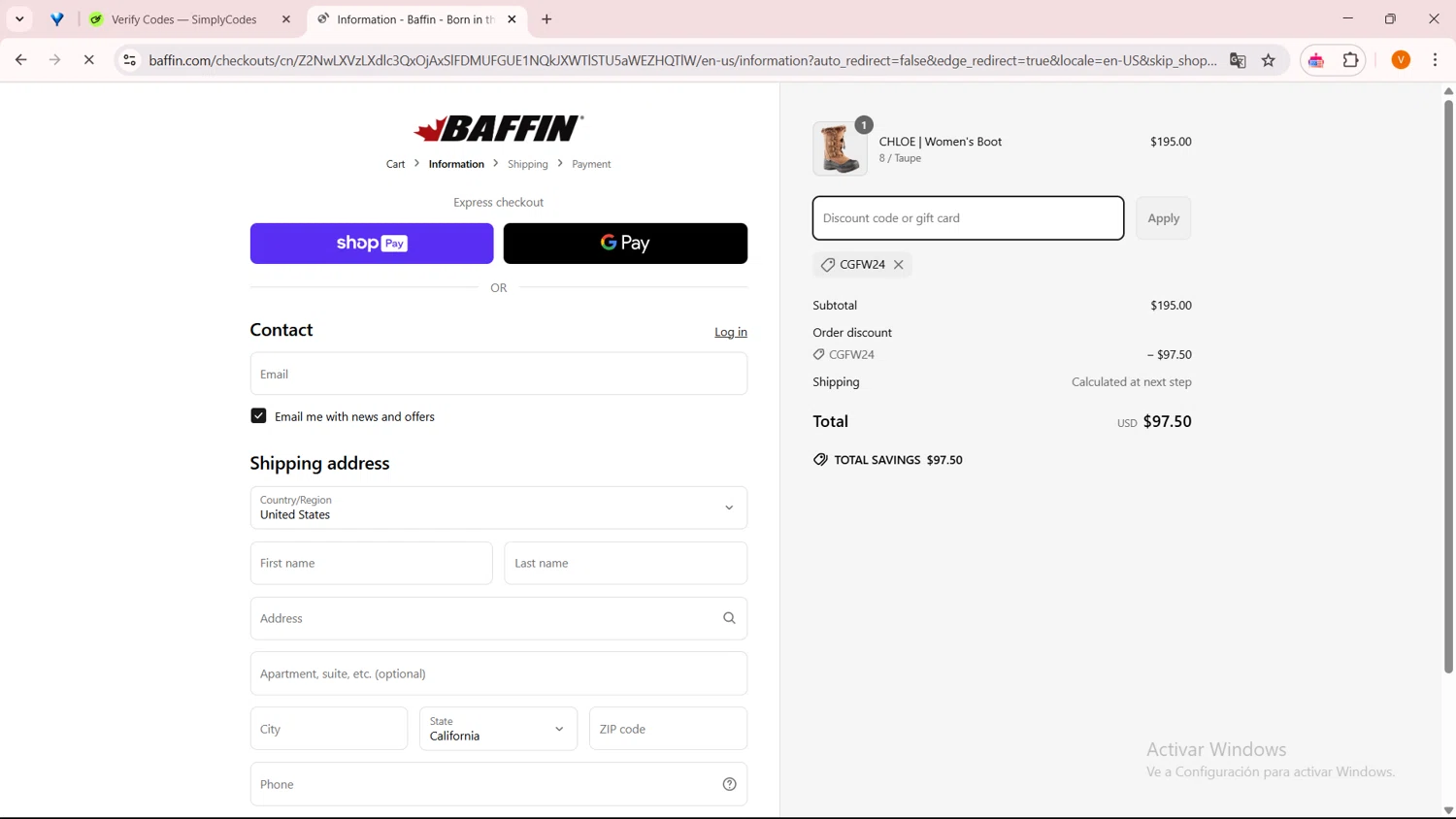Baffin discount code screenshot showing code CGFW24 applied at Baffin checkout page. Uploaded by SimplyCodes community member ExtraordinarySaver9637 on Mar 27, 2025