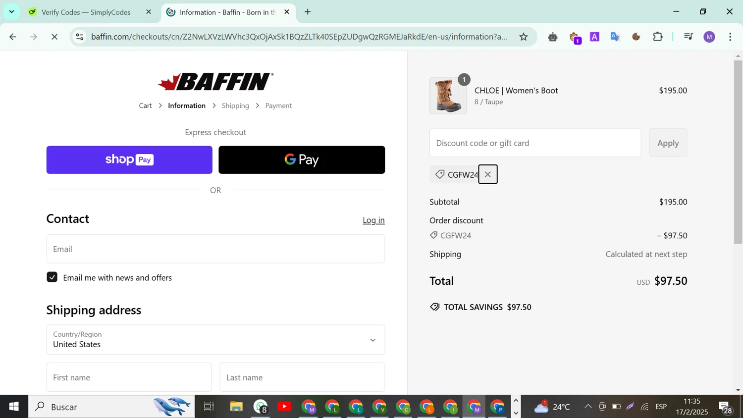 Baffin discount code screenshot showing code CGFW24 applied at Baffin checkout page. Uploaded by SimplyCodes community member ValueLion1621 on Feb 17, 2025