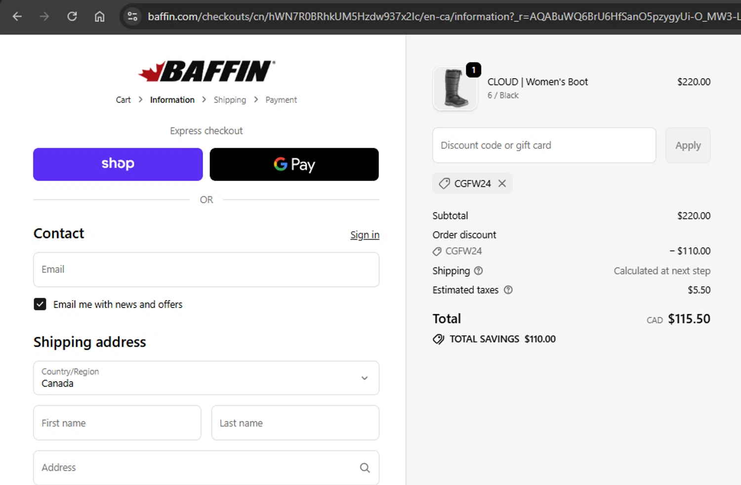 Baffin checkout page showing Baffin discount code box | Screenshot taken by SimplyCodes community member on Jan 10, 2026