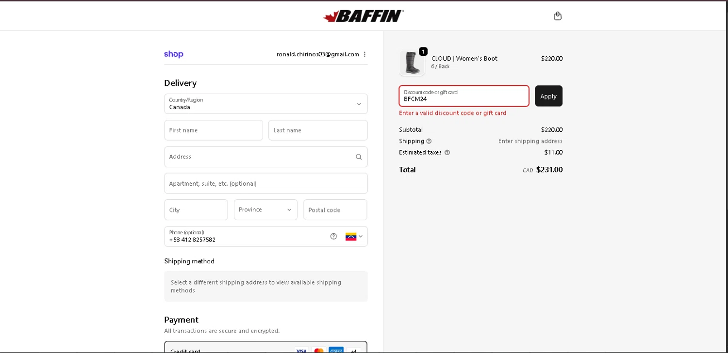 Baffin discount code screenshot showing code BFCM24 applied at Baffin checkout page. Uploaded by SimplyCodes community member CodeExpert7814 on Dec 19, 2025