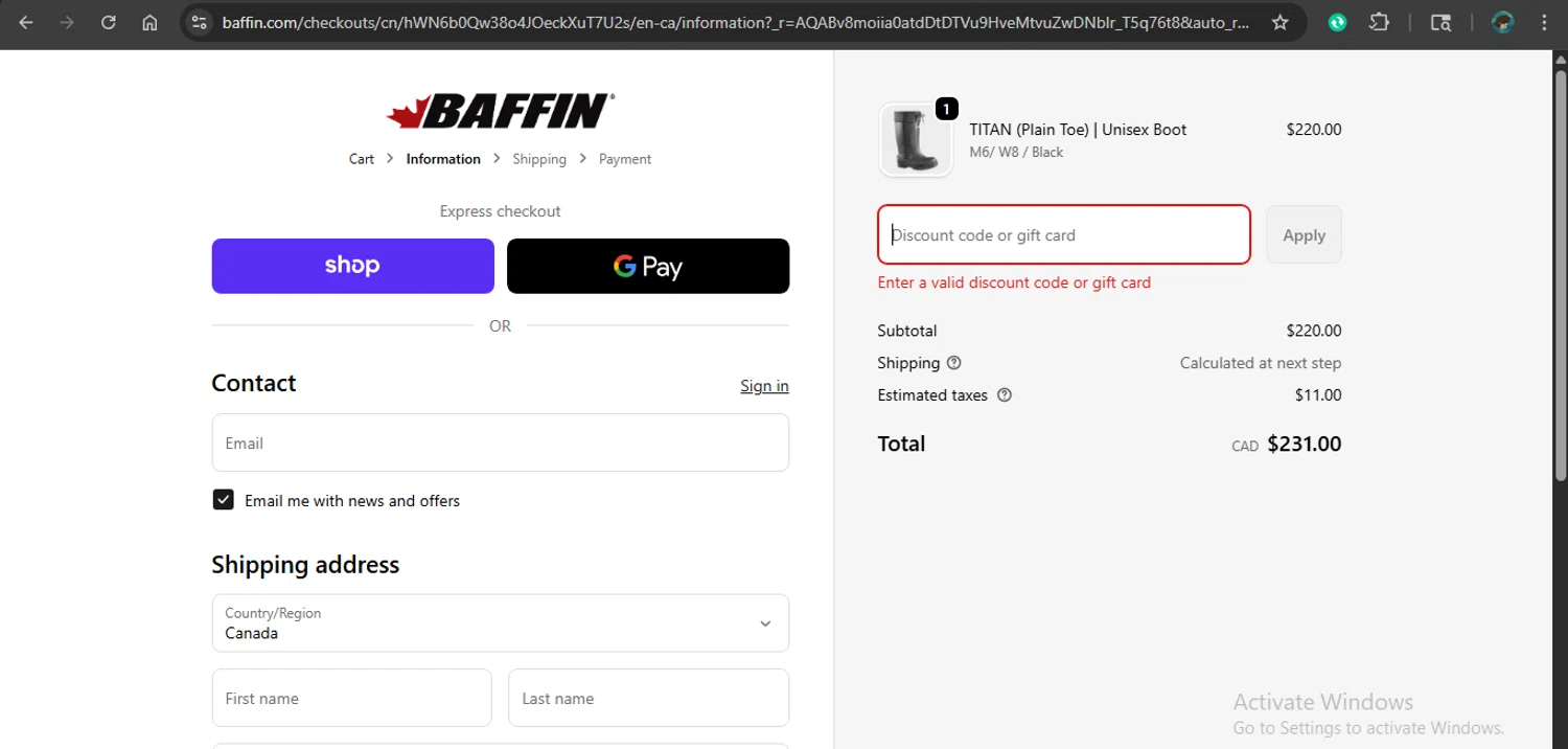 Baffin discount code screenshot showing code BFCM24 applied at Baffin checkout page. Uploaded by SimplyCodes community member MariaCorinaMachado on Dec 19, 2025