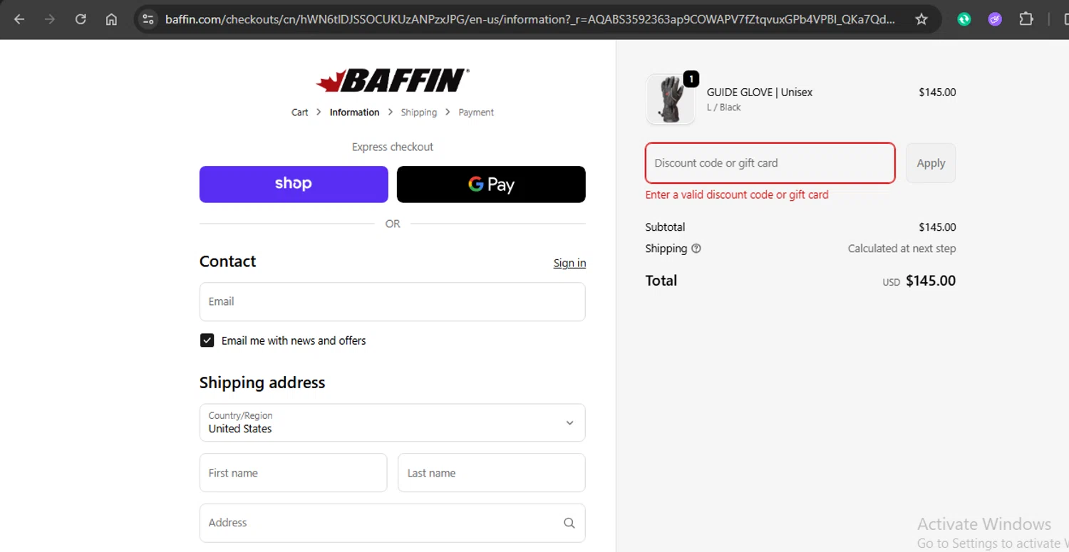 Baffin discount code screenshot showing code BFCM24 applied at Baffin checkout page. Uploaded by SimplyCodes community member xAngel on Dec 27, 2025