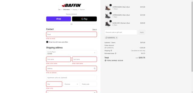 Baffin checkout page showing Baffin discount code box | Screenshot taken by SimplyCodes community member on Oct 6, 2025