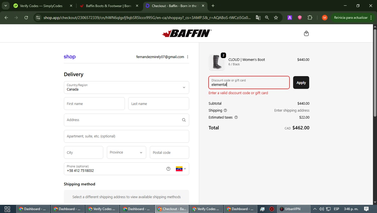 Baffin discount code screenshot showing code elemental applied at Baffin checkout page. Uploaded by SimplyCodes community member BrilliantTiger6187 on Dec 25, 2025