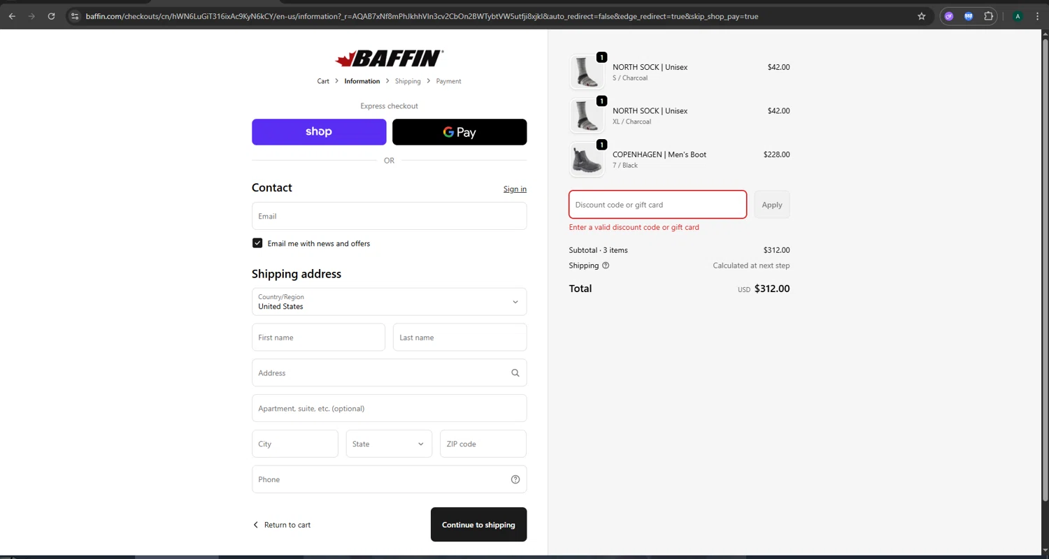 Baffin discount code screenshot showing code elemental applied at Baffin checkout page. Uploaded by SimplyCodes community member CoinGuardian4017 on Dec 12, 2025