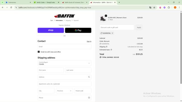 Baffin checkout page showing Baffin discount code box | Screenshot taken by SimplyCodes community member on Oct 7, 2025