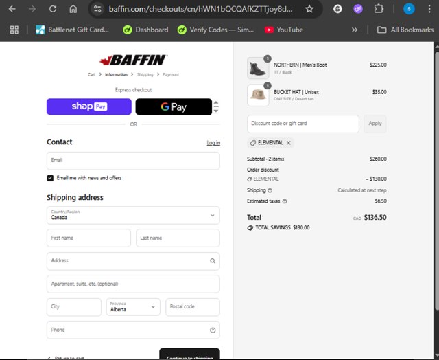 Baffin checkout page showing Baffin discount code box | Screenshot taken by SimplyCodes community member on Aug 9, 2025