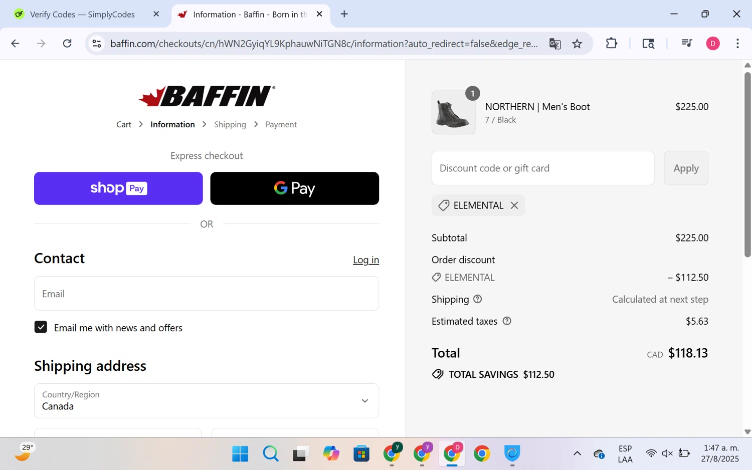Baffin discount code screenshot showing code elemental applied at Baffin checkout page. Uploaded by SimplyCodes community member LuckyHero4650 on Aug 27, 2025