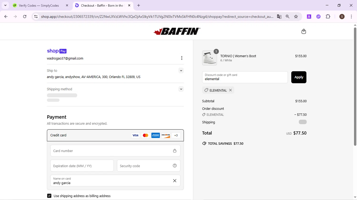 Baffin discount code screenshot showing code elemental applied at Baffin checkout page. Uploaded by SimplyCodes community member QuestPhoenix2794 on Jun 19, 2025