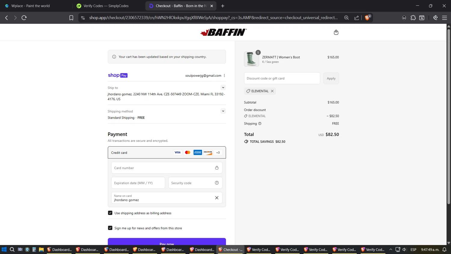 Baffin discount code screenshot showing code elemental applied at Baffin checkout page. Uploaded by SimplyCodes community member Shizuku on Aug 27, 2025