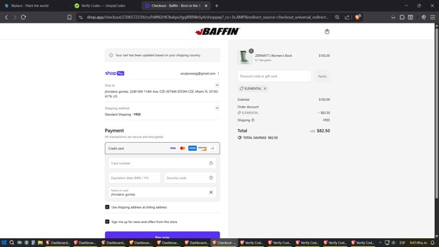 Baffin checkout page showing Baffin discount code box | Screenshot taken by SimplyCodes community member on Aug 27, 2025