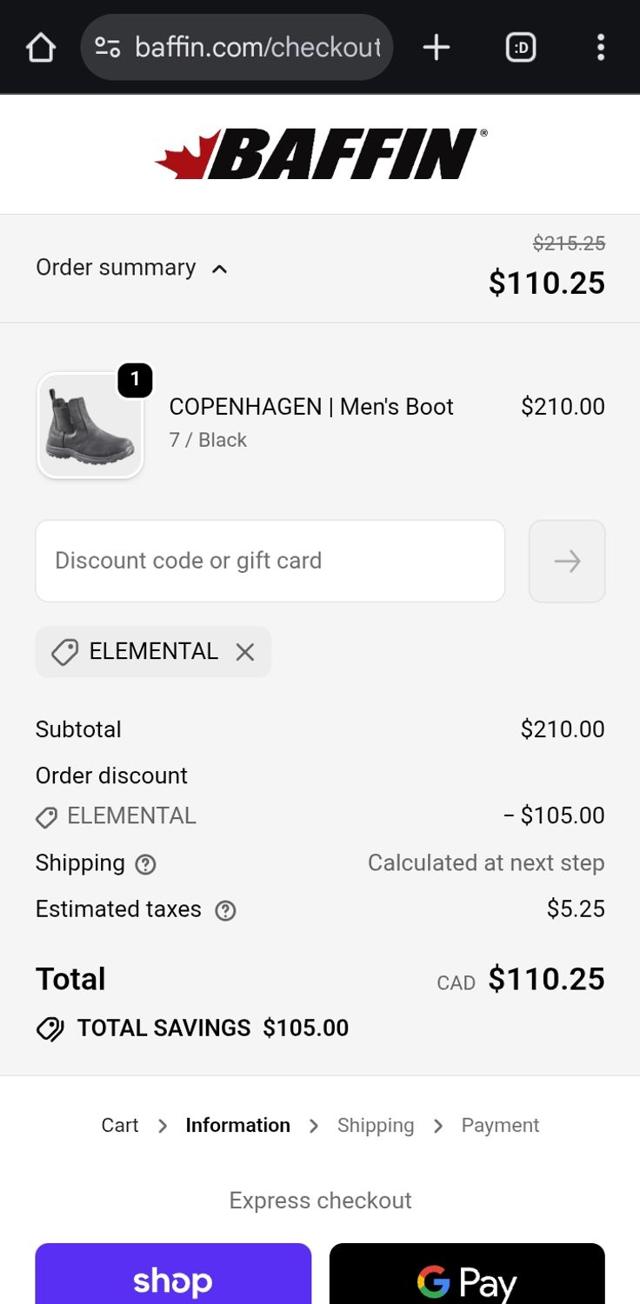 Baffin checkout page showing Baffin discount code box | Screenshot taken by SimplyCodes community member on Oct 2, 2025