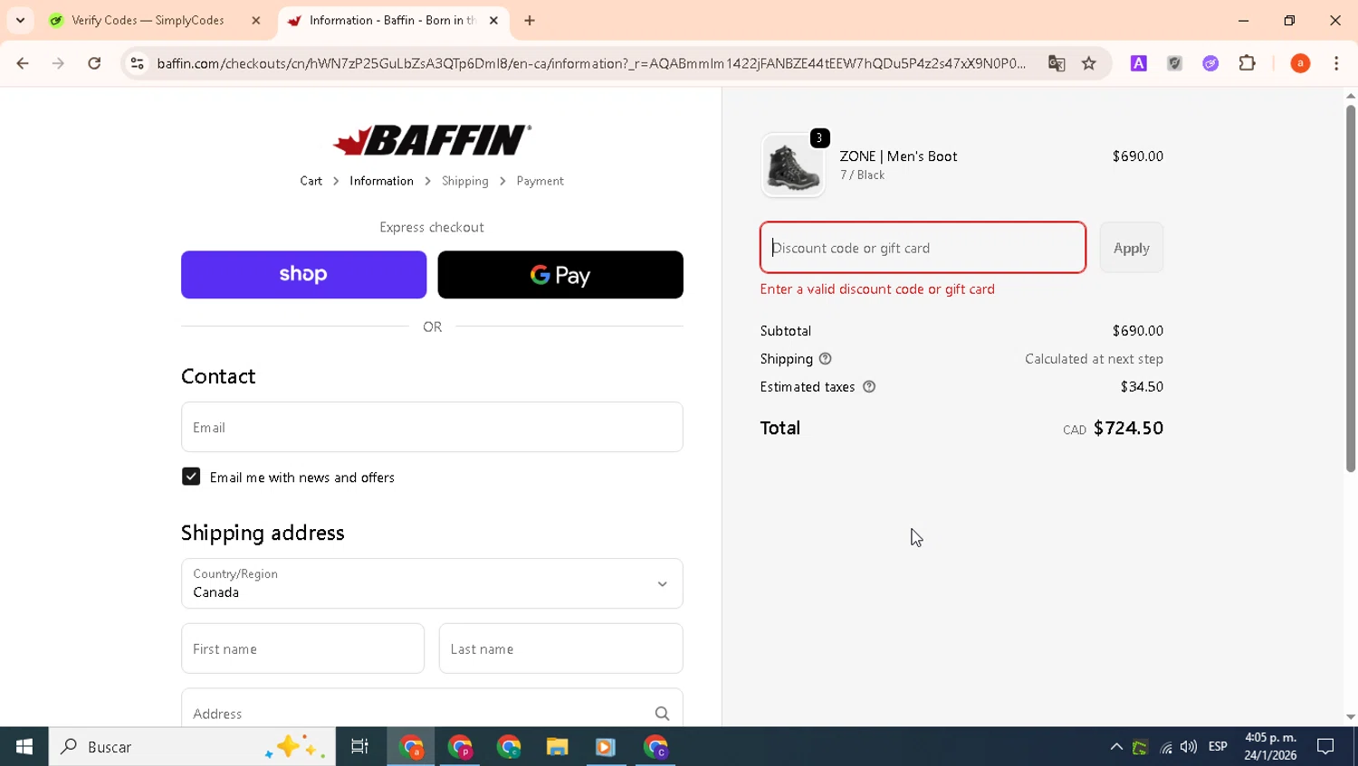 Baffin discount code screenshot showing code elemental applied at Baffin checkout page. Uploaded by SimplyCodes community member bichota on Jan 24, 2026