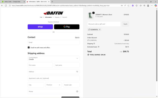 Baffin checkout page showing Baffin discount code box | Screenshot taken by SimplyCodes community member on Sep 29, 2025