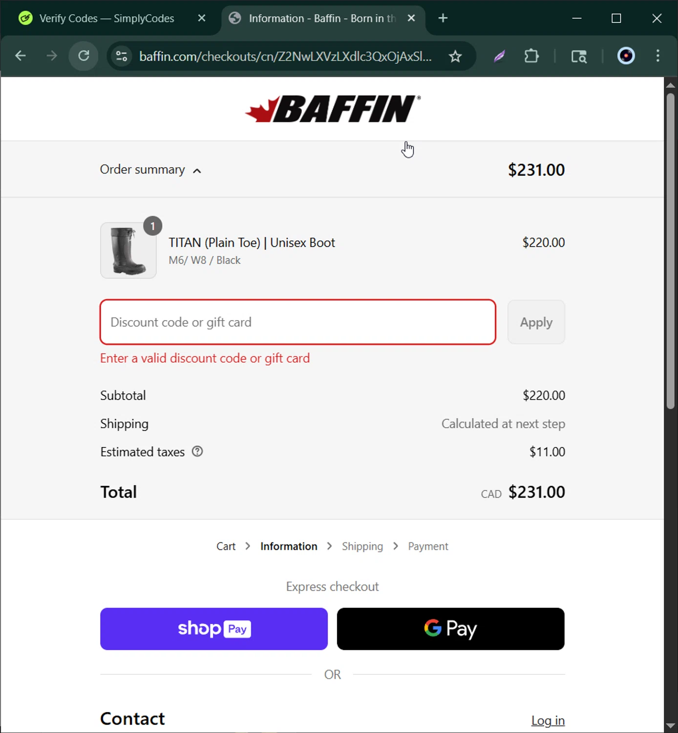 Baffin discount code screenshot showing code CFLGC applied at Baffin checkout page. Uploaded by SimplyCodes community member Bernard_Lowe on Jun 4, 2025
