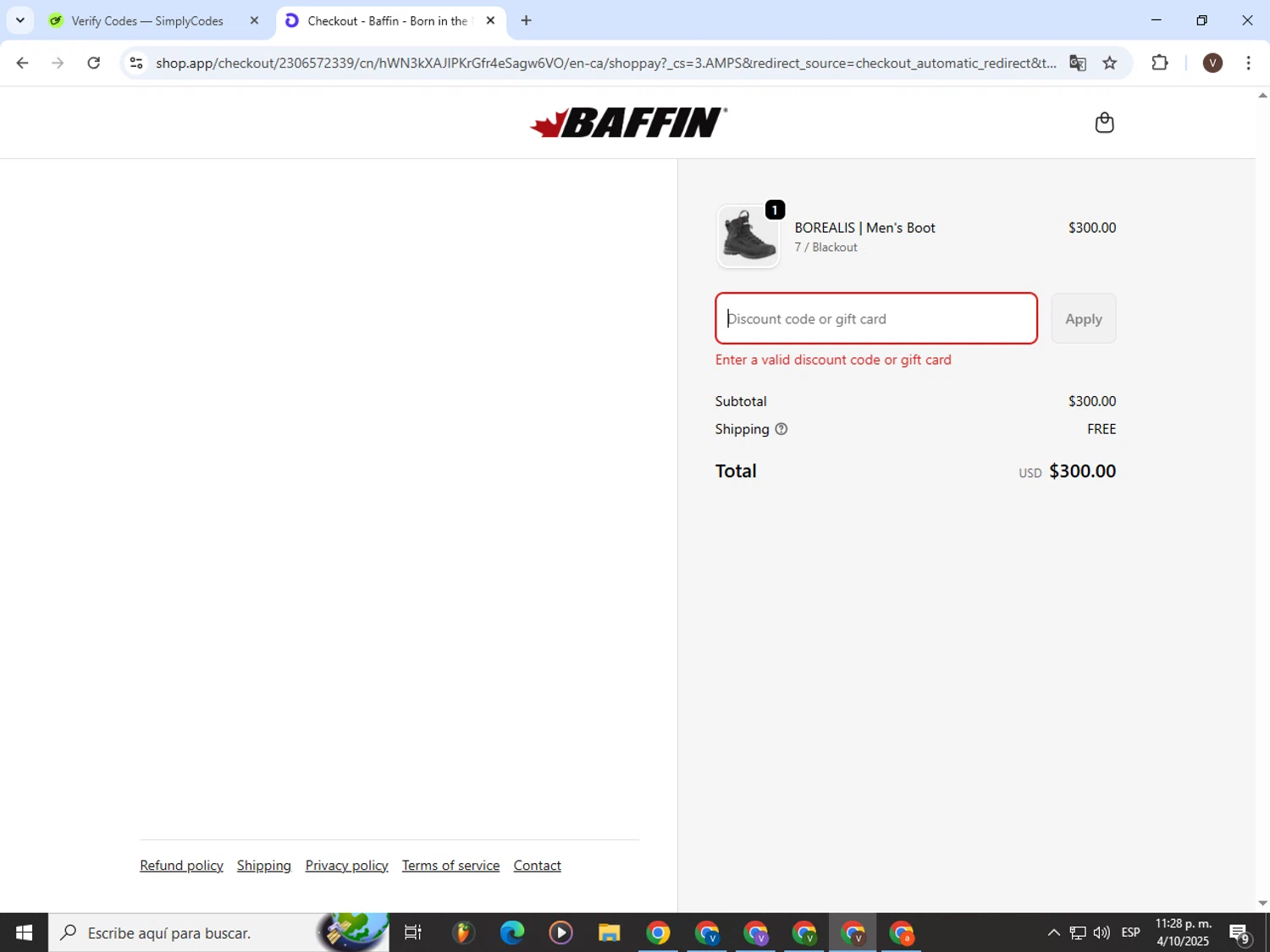 Baffin discount code screenshot showing code CFLGC applied at Baffin checkout page. Uploaded by SimplyCodes community member CashLion3448 on Oct 5, 2025