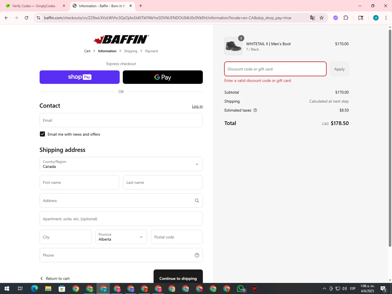 Baffin discount code screenshot showing code CFLGC applied at Baffin checkout page. Uploaded by SimplyCodes community member GloriousTiger3507 on Jun 4, 2025