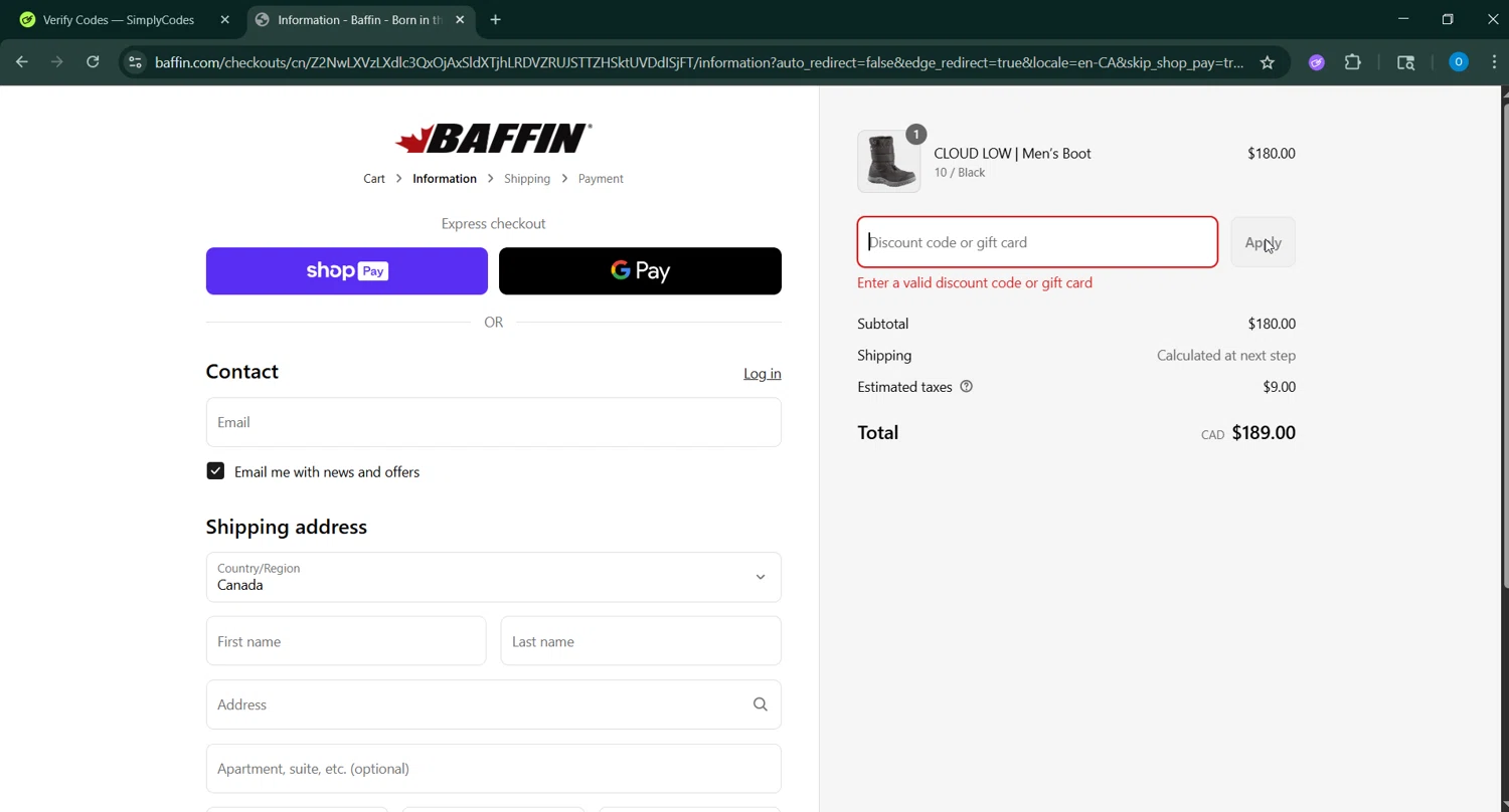 Baffin discount code screenshot showing code CFLGC applied at Baffin checkout page. Uploaded by SimplyCodes community member RoyalSage9159 on Jun 4, 2025