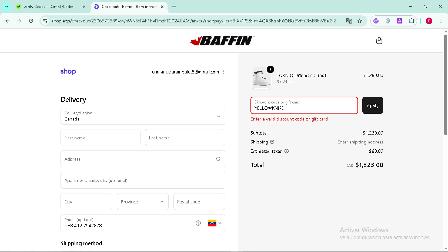 Baffin discount code screenshot showing code YELLOWKNIFE applied at Baffin checkout page. Uploaded by SimplyCodes community member Arambulet on Dec 2, 2025