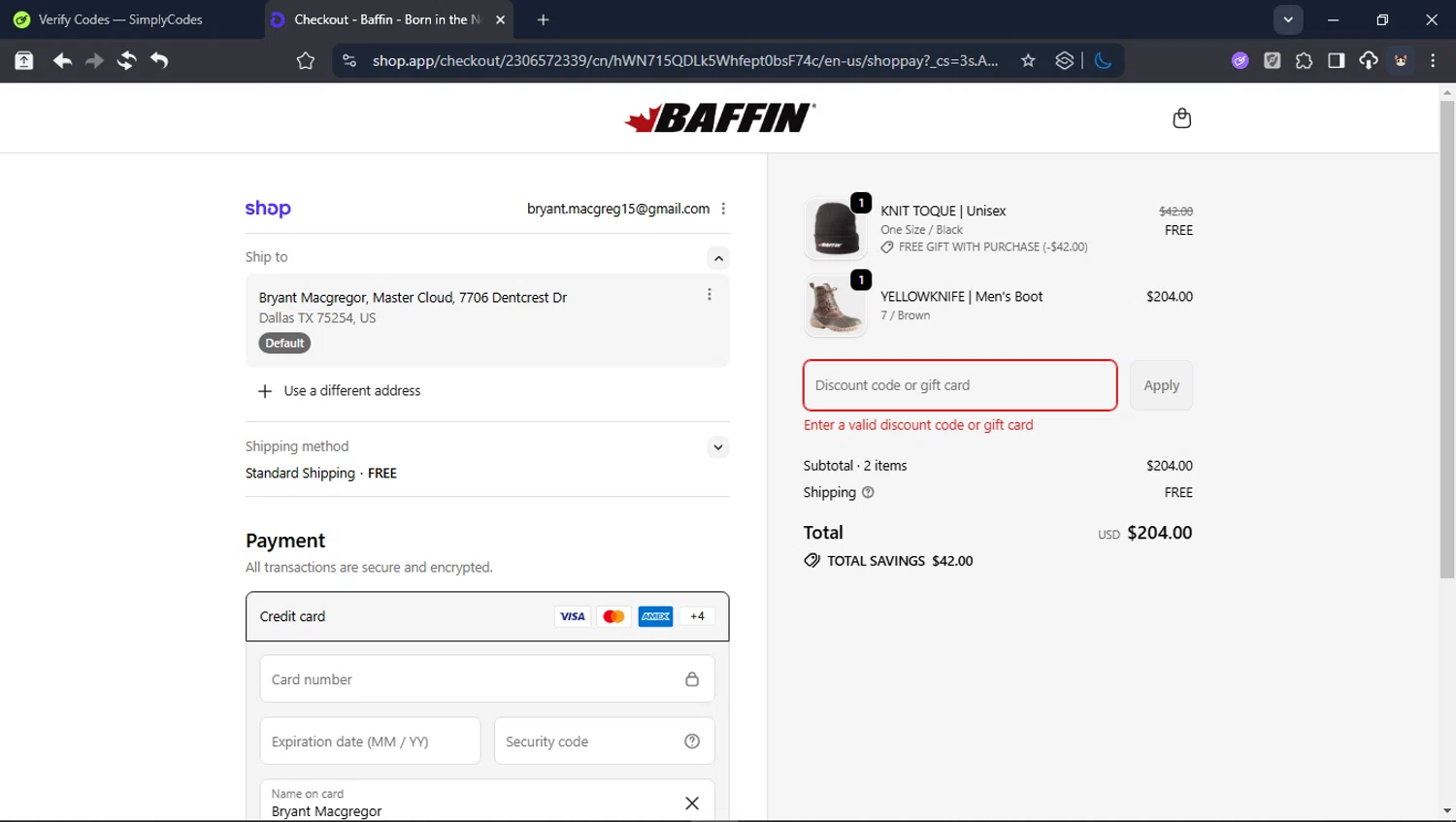 Baffin discount code screenshot showing code YELLOWKNIFE applied at Baffin checkout page. Uploaded by SimplyCodes community member BrilliantTitan6909 on Dec 30, 2025
