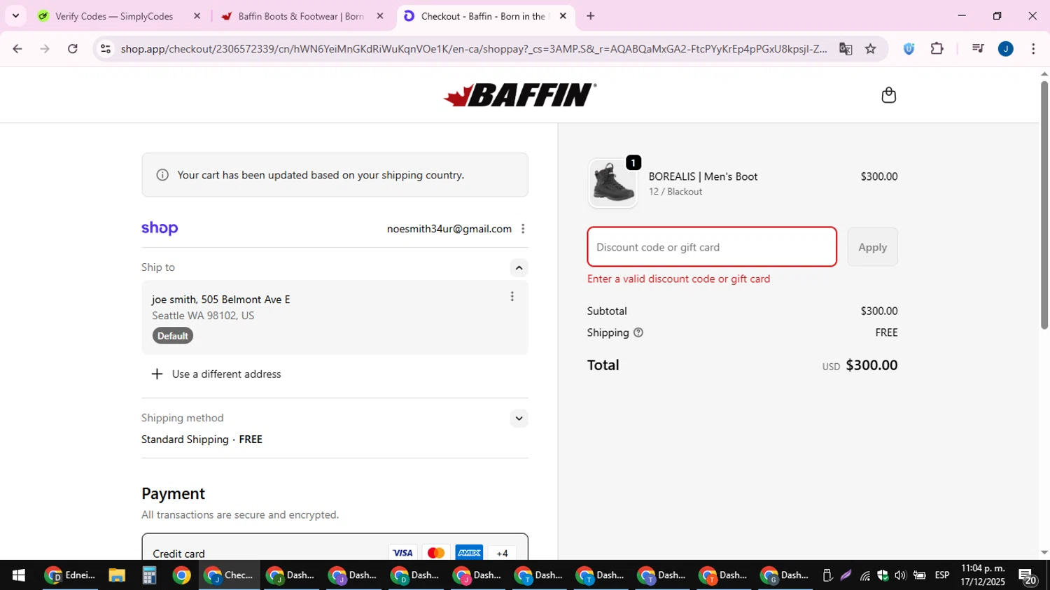 Baffin discount code screenshot showing code YELLOWKNIFE applied at Baffin checkout page. Uploaded by SimplyCodes community member noesmith34ur on Dec 18, 2025