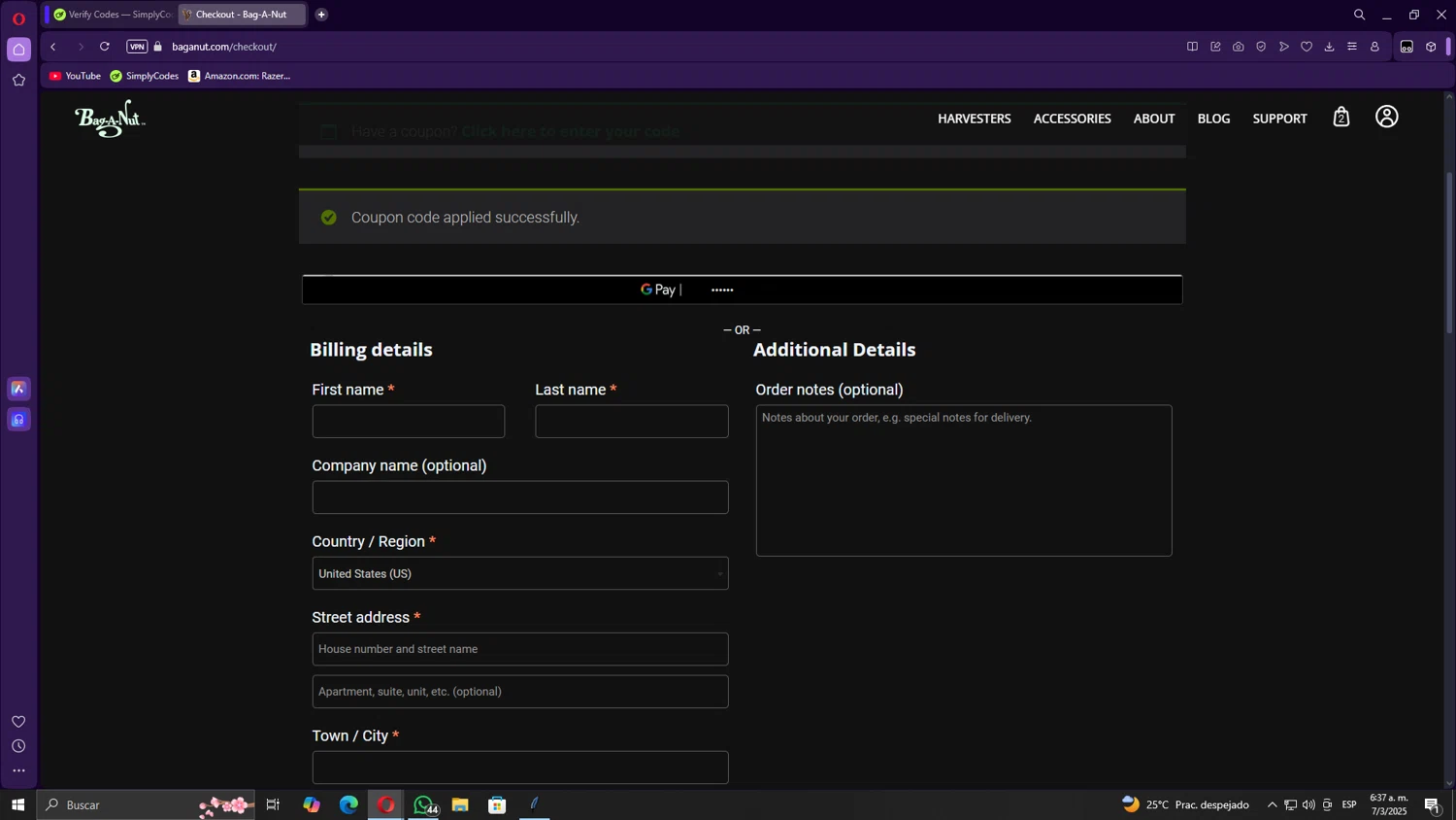 Bag-A-Nut promo code screenshot showing code FREE2024 applied at Bag-A-Nut checkout page. Uploaded by SimplyCodes community member Gojira on Mar 7, 2025