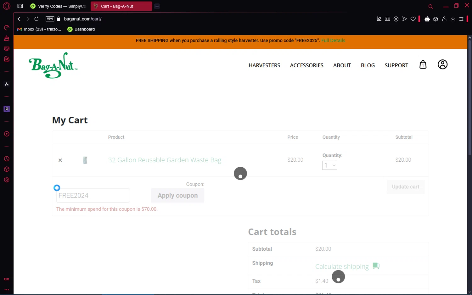 Bag-A-Nut promo code screenshot showing code FREE2024 applied at Bag-A-Nut checkout page. Uploaded by SimplyCodes community member ShrewdPioneer2612 on Apr 5, 2025