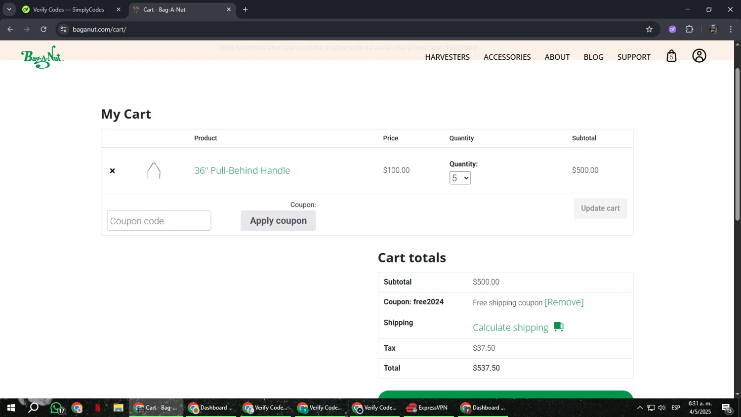 Bag-A-Nut promo code screenshot showing code FREE2024 applied at Bag-A-Nut checkout page. Uploaded by SimplyCodes community member xxdddd on May 4, 2025