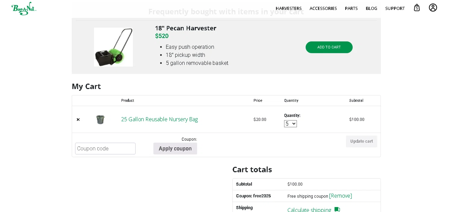 Bag-A-Nut promo code screenshot showing code Free2025 applied at Bag-A-Nut checkout page. Uploaded by SimplyCodes community member CashAce9852 on Aug 26, 2025