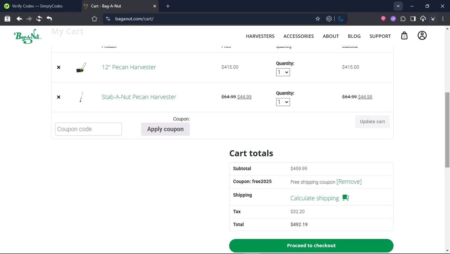 Bag-A-Nut promo code screenshot showing code Free2025 applied at Bag-A-Nut checkout page. Uploaded by SimplyCodes community member CleverPioneer8971 on Jun 29, 2025