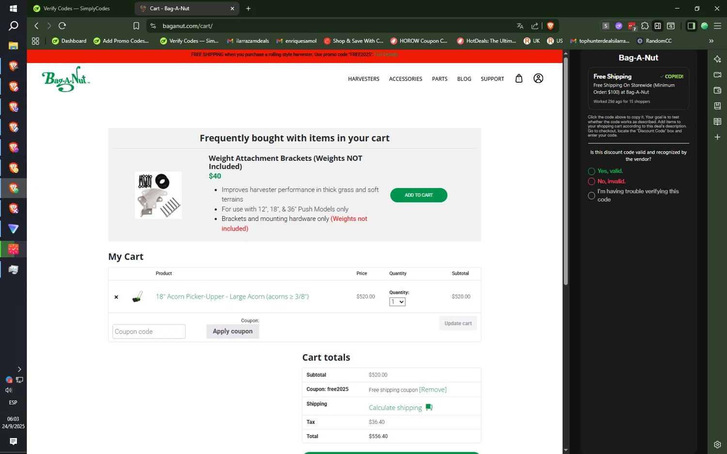 Bag-A-Nut promo code screenshot showing code Free2025 applied at Bag-A-Nut checkout page. Uploaded by SimplyCodes community member SilentNova8472 on Sep 24, 2025