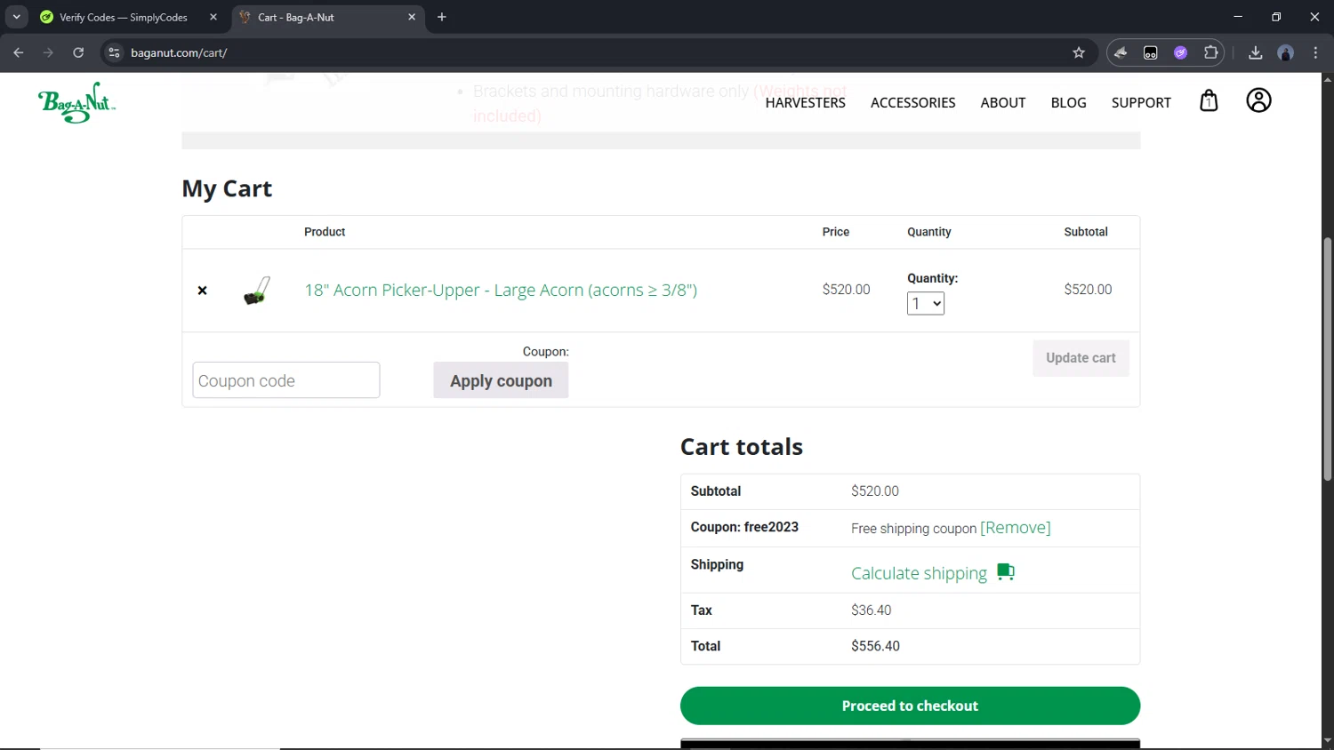 Bag-A-Nut promo code screenshot showing code FREE2023 applied at Bag-A-Nut checkout page. Uploaded by SimplyCodes community member Time_sin_filtro on Jun 29, 2025