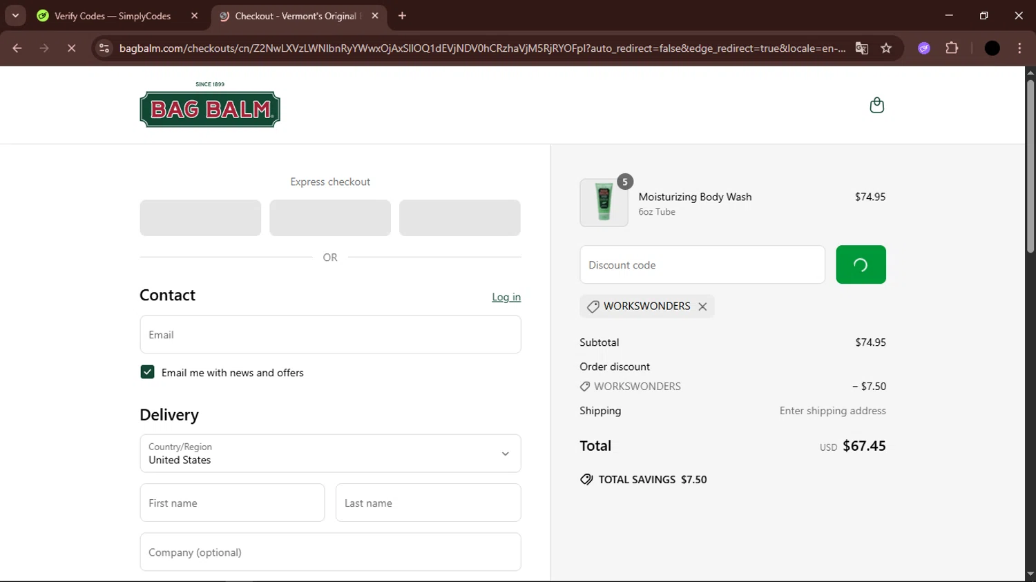Bag Balm discount code screenshot showing code WORKSWONDERS applied at Bag Balm checkout page. Uploaded by SimplyCodes community member FrugalTiger5589 on Jun 26, 2025