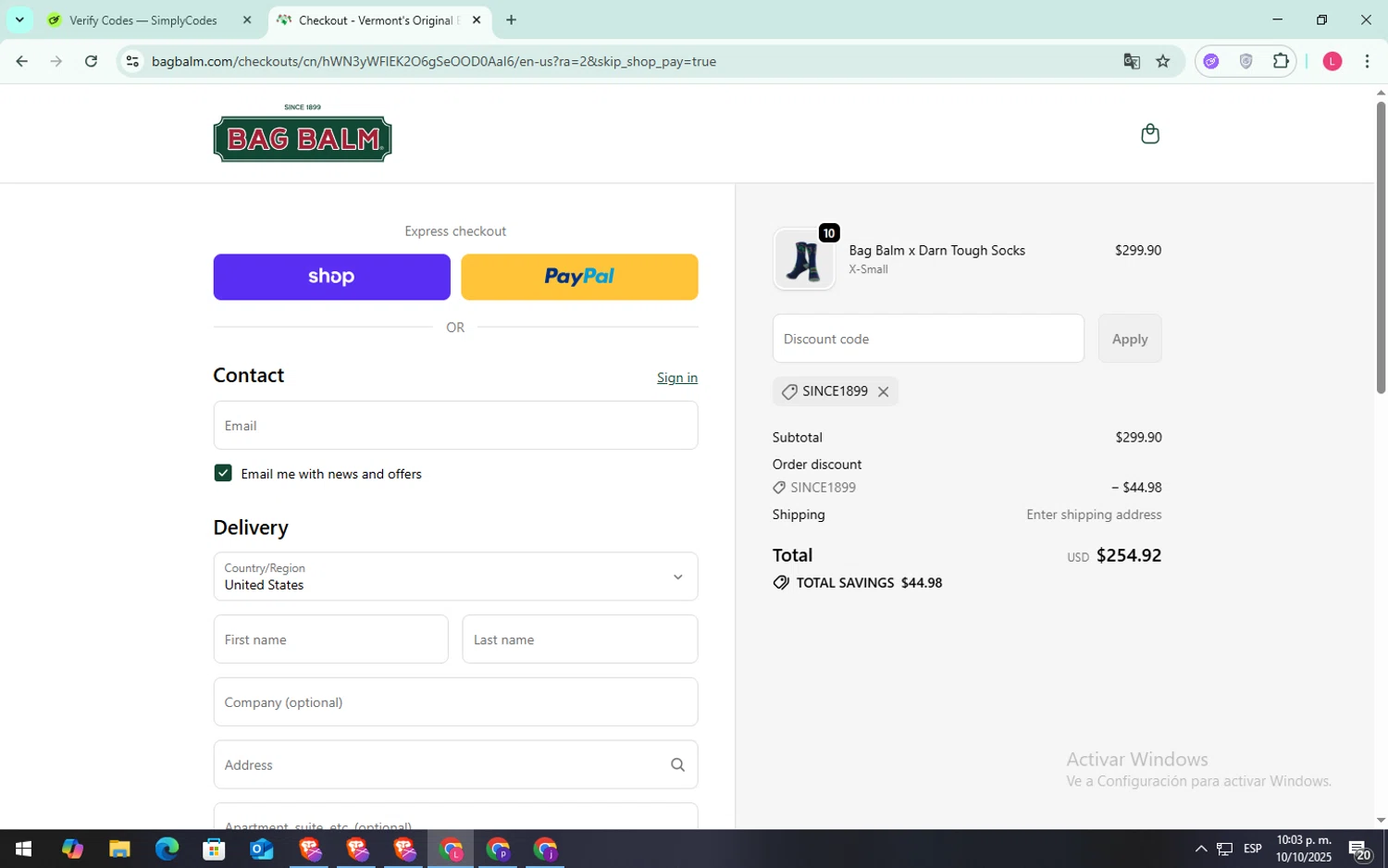 Bag Balm discount code screenshot showing code SINCE1899 applied at Bag Balm checkout page. Uploaded by SimplyCodes community member SilverFox3257 on Oct 11, 2025