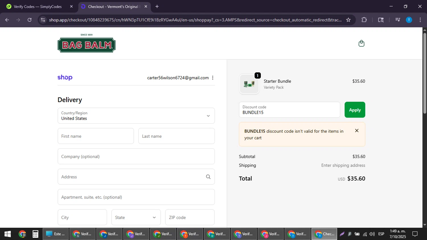 Bag Balm discount code screenshot showing code BUNDLE15 applied at Bag Balm checkout page. Uploaded by SimplyCodes community member LuckyPioneer4530 on Oct 7, 2025