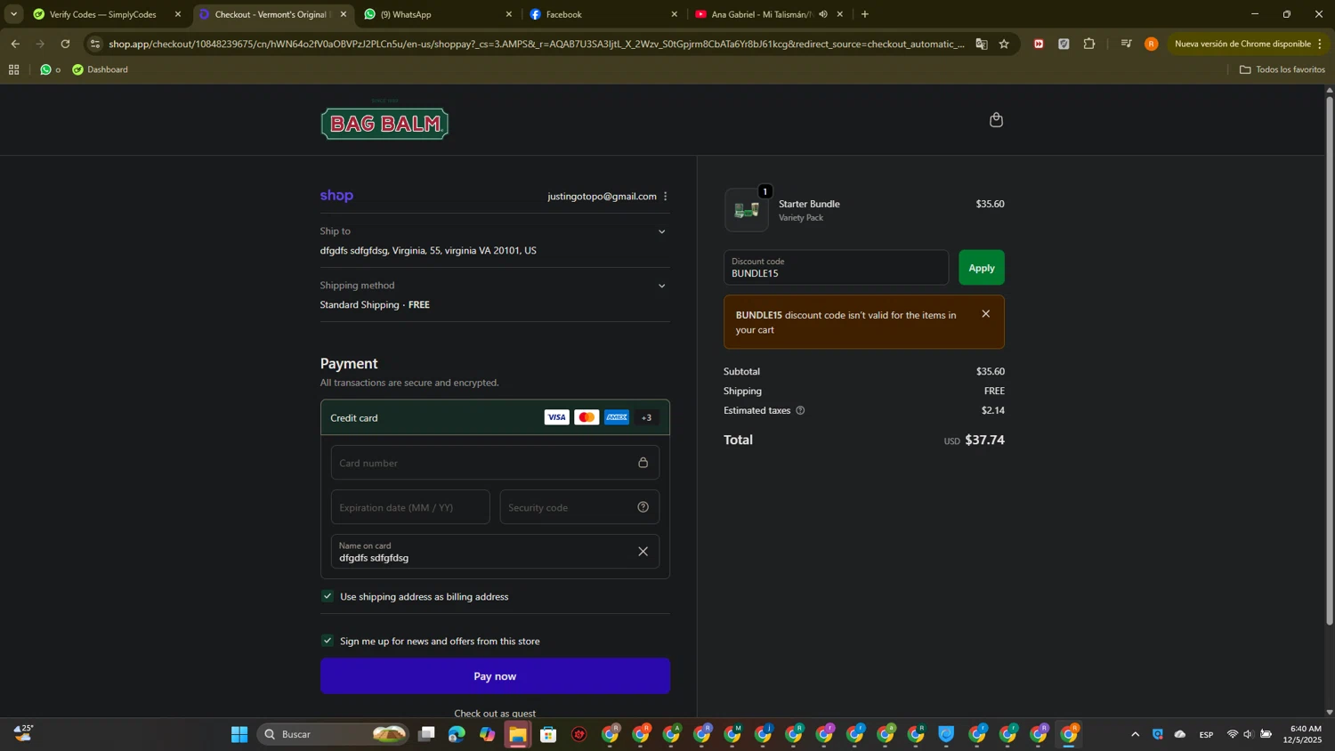 Bag Balm discount code screenshot showing code BUNDLE15 applied at Bag Balm checkout page. Uploaded by SimplyCodes community member PromoTitan1625 on Dec 5, 2025
