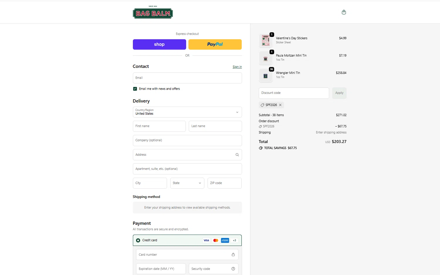 Bag Balm discount code screenshot showing code SPF2026 applied at Bag Balm checkout page. Uploaded by SimplyCodes community member reggiesmith on Feb 19, 2026