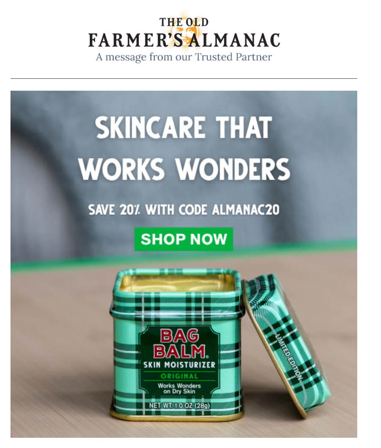 Bag Balm discount code screenshot showing code ALMANAC20 applied at Bag Balm checkout page. Uploaded by SimplyCodes community member OMPU0408 on Nov 12, 2025
