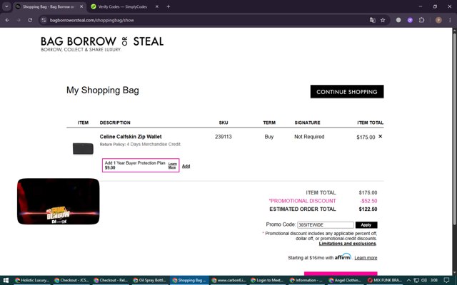 Bag Borrow or Steal checkout page showing Bag Borrow or Steal promo code box | Screenshot taken by SimplyCodes community member on Aug 21, 2025