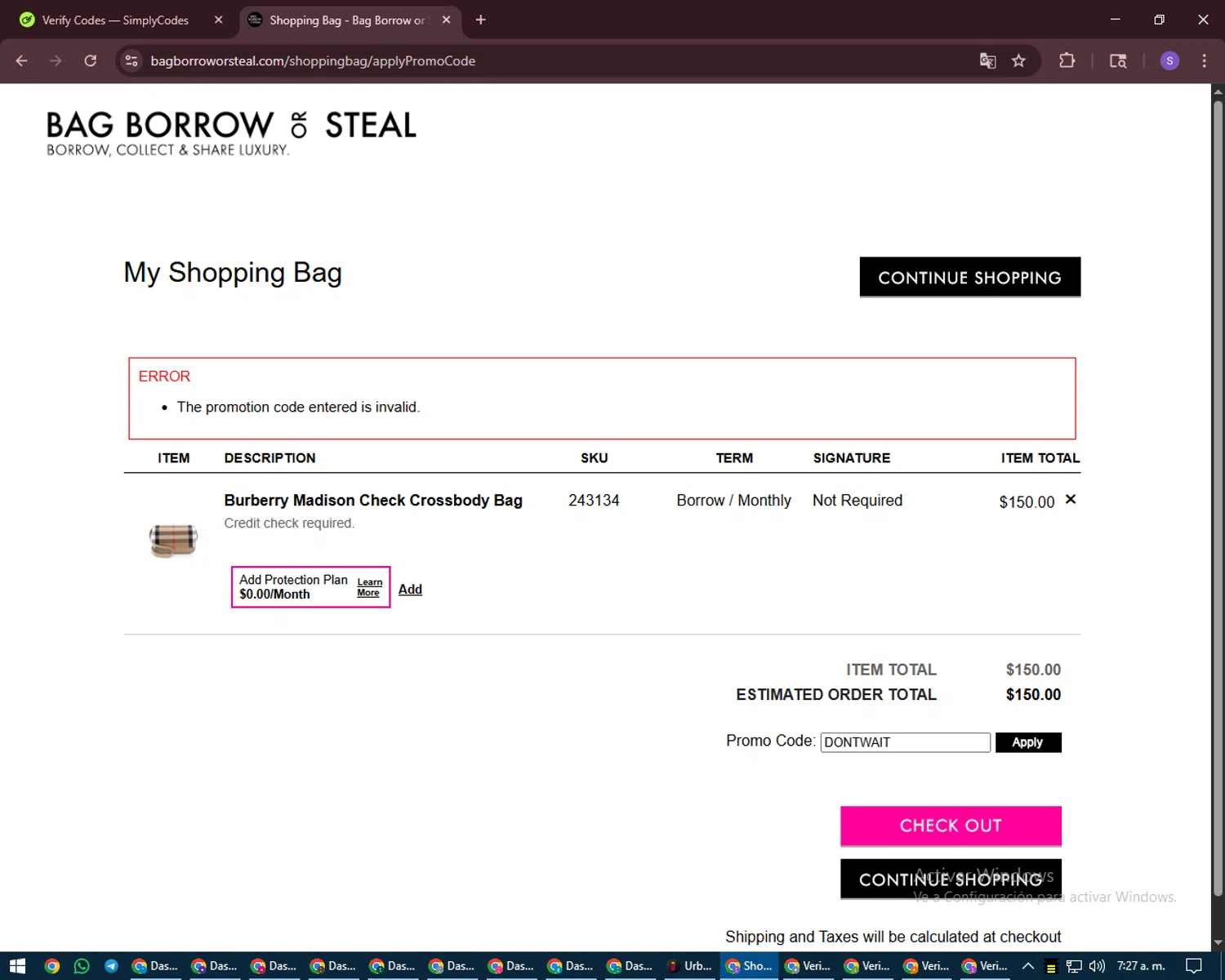 Bag Borrow or Steal promo code screenshot showing code DONTWAIT applied at Bag Borrow or Steal checkout page. Uploaded by SimplyCodes community member LuckyVoyager688 on Aug 22, 2025
